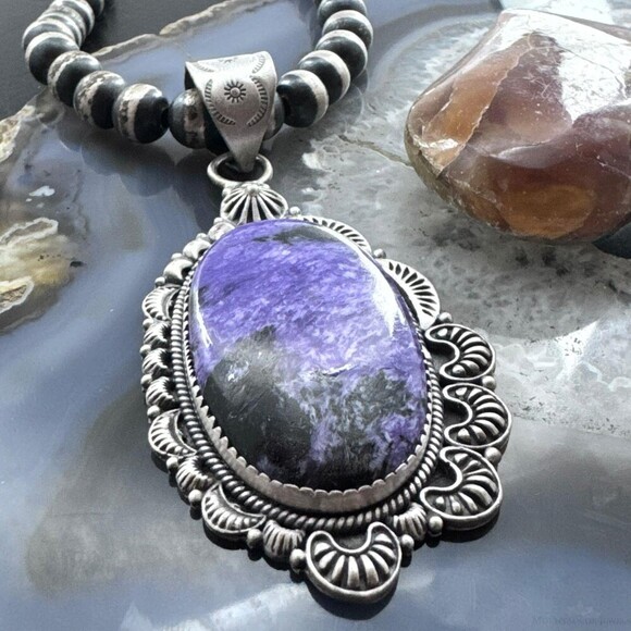 Sterling Southwestern Style Large Oval Charoite Decorated Pendant For Women - Picture 4 of 10